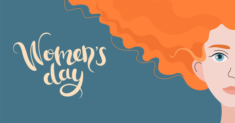 Happy Womens day horizontal banner. Ginger European woman. 8 March copy space. Beautiful curly hair.