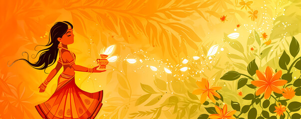 Indian woman in traditional sari with lit lamp or diya. Banner with copy space. Illustration of happy Ugadi, Gudi Padva. Traditional festive backdrop for the Hindu New Year in India. Religion concept - obrazy, fototapety, plakaty