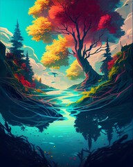 AI generated illustration of a vibrant forest with colorful trees and a flowing stream