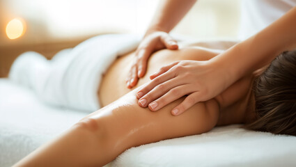 A beautiful woman enjoying a relaxing back massage during a delightful spa weekend - obrazy, fototapety, plakaty