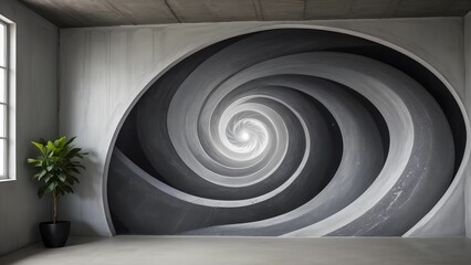AI generated illustration of a contemporary room with gray spiral on the wall