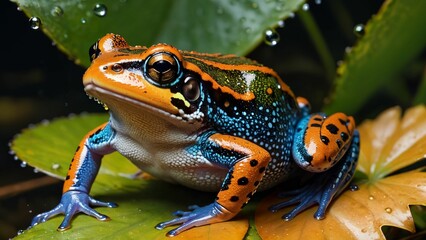 Fototapeta premium AI-generated illustration of a vibrant blue and orange colored frog perched on a large green leaf