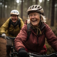 Fototapeta premium Happy senior couple enjoying a scenic bicycle ride in the breathtaking mountains on a sunny morning
