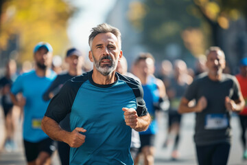 Middle aged man takes part in a race, concept of active maturity
