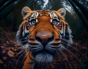 AI generated wide angle illustration of a tiger looking at the camera with forest in the background