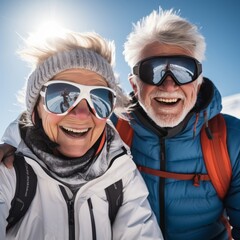 Fototapeta na wymiar Active senior couple cycling in mountains on sunny morning, realistic beauty of the moment