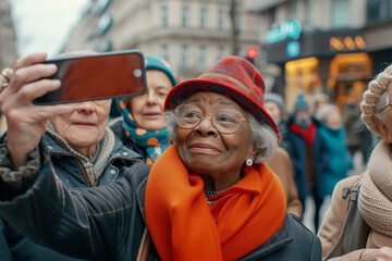 A group of seniors take a photo on a neon-lit street, concept of active joyful life of elderly people