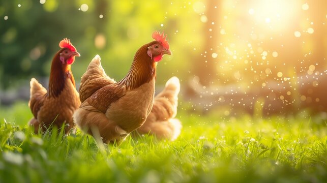 A banner with chickens in the grass. Background with brown chickens in a meadow, copy space, bokeh effect, warm sunlight.