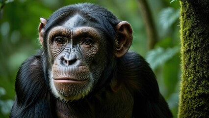 AI generated illustration of a mature chimpanzee with a curious expression