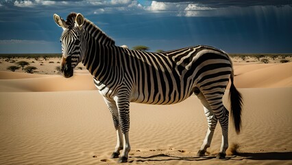 AI generated illustration of a striped zebra standing on a sandy dune in a desert landscape