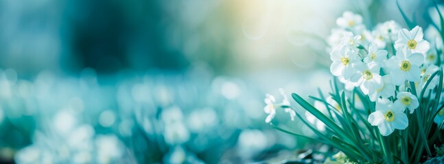 small white flowers on a tree branch, with natural, colorful bokeh background, horizontal banner, copy space for text, nature and spring equinox concept  - obrazy, fototapety, plakaty