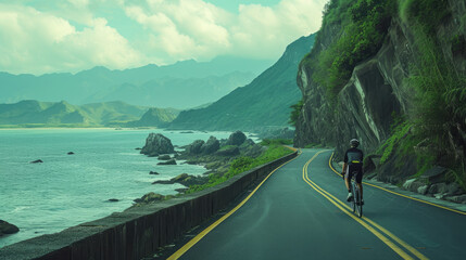 a cyclist riding down the road with mountains on either side