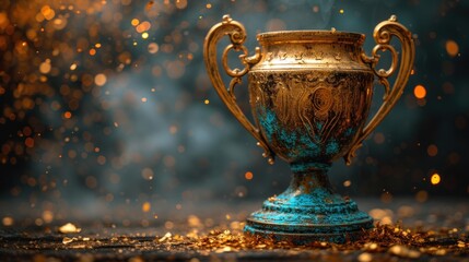 Fototapeta na wymiar Golden trophy winner cup blurred background of sports ground hall
