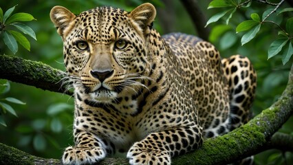 AI generated illustration of a mature Leopard perched on a branch in its natural environment