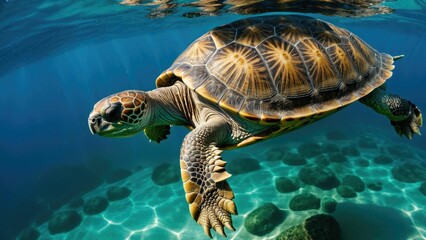 AI generated illustration of a sea turtle gracefully gliding through the crystal-clear blue waters