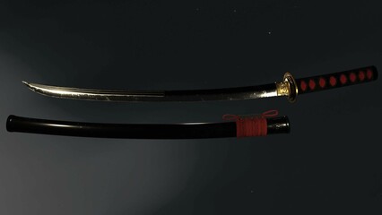 Traditional Samurai swords displayed on a dark background, with intricate red detailing on the hilt
