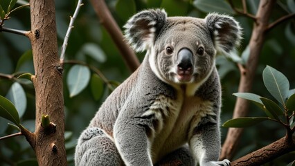 AI generated illustration of a cute koala perched on a branch in a lush, green forest