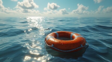 Serene Ocean Waters With Bright Orange Lifebuoy Floating Under Clear Blue Sky