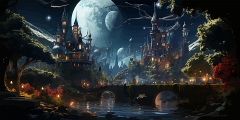 fantasy city,fairy town with big trees,landscape illustration