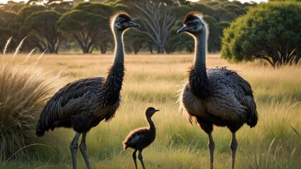 AI generated illustration of an emu family standing in a grassy steppe landscape