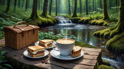 Fotobehang AI generated illustration of a picnic basket, coffee mug, and a sandwich © Wirestock