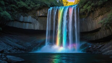 AI generated illustration of a colorful waterfall cascading from the edge of a rocky cliff face