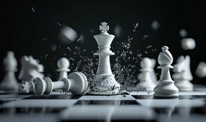 3d animation, chess game battle, white king chess piece jumps down, aggressive attack, all pawns fall down. Successful strategy, champion metaphor, leadership, Generative AI
