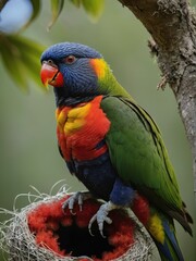 AI generated illustration of a vibrant and colorful Lorikeet perched atop a nest