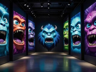 AI generated illustration of monsters in bright colors on screens in a long hallway