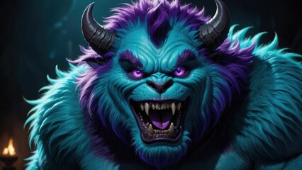 AI generated illustration of a menacing creature with blue skin, two horns and purple eyes