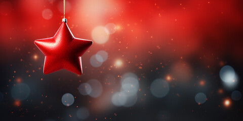  Festive red bokeh background with glittering lights golden stars, perfect for Christmas and New Years Eve parties. Concept of a dazzling holiday Christmas composition with copy space bokeh background