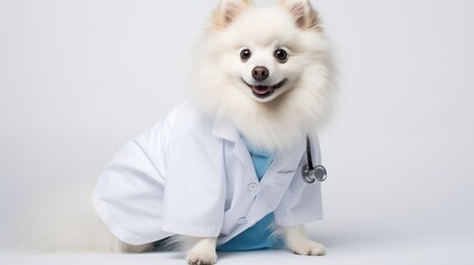dog, American Eskimo in doctor gown