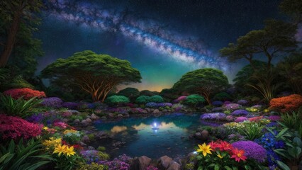 Fototapeta na wymiar AI generated illustration of a fantasy oasis under the starry night sky