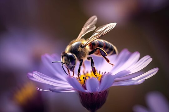 AI generated illustration of a honey bee flying atop a brightl purple flower