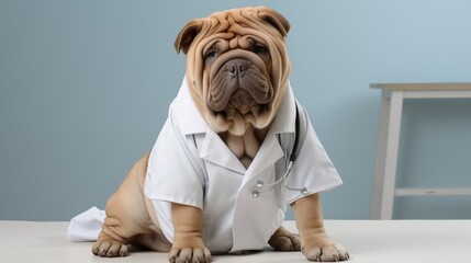 dog, Chinese Shar-Pei in doctor gown