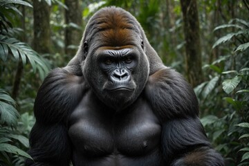 Obraz premium AI generated illustration of a majestic gorilla standing in a tranquil grassy field