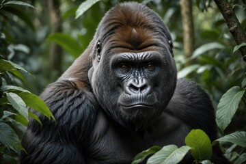 Obraz premium AI generated illustration of a majestic gorilla standing in a tranquil grassy field