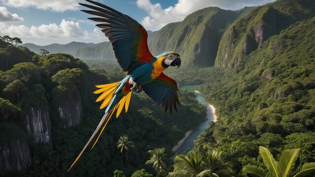 a parrot fly over the top of some trees and mountains