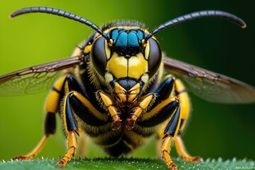 An AI illustration of a bee on green leaves in the summertime, with some yellow and blue wings