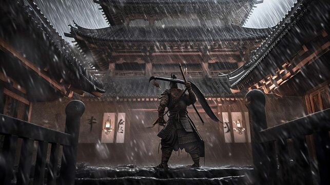 AI generated illustration of a japanese samurai warrior stands in a contemplative pose