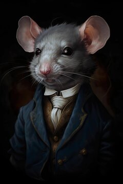 AI generated illustration of A small rodent wearing a blue old fashion suit