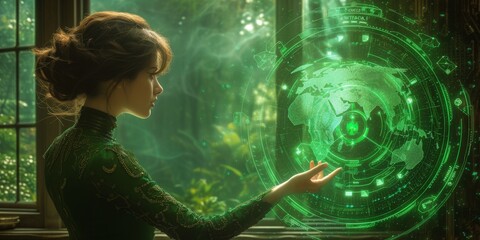  A Businesswoman Interacts with a Futuristic Digital World Map, Planning and Analyzing International Data, Generative AI