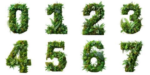 Numbers 0-7 made of the vibrant green ecosystem of moss, ferns, and monstera plants.