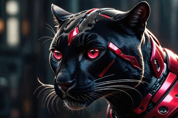 An AI illustration of a black cat with red eyes wearing a leather outfit, in front of a city - obrazy, fototapety, plakaty