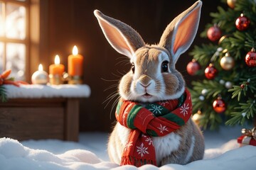 An AI illustration of a rabbit in a christmas scarf sitting next to some candles