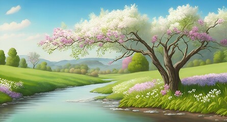 AI generated illustration of a tranquil river with an array of colorful flowers lined up along banks