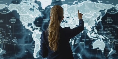  A Businesswoman Interacts with a Futuristic Digital World Map, Planning and Analyzing International Data, Generative AI