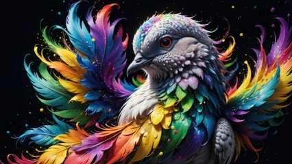 Obraz premium An AI illustration of a colorful bird that is sitting on top of some feathers