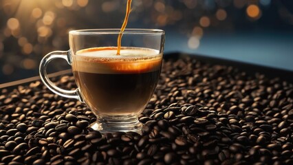 a glass cup of coffee sitting on top of coffee beans - obrazy, fototapety, plakaty