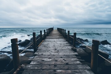 AI illustration of a wooden pier stretching out into a tranquil body of water.